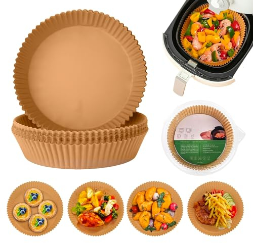 Avilia – Carta Forno per Friggitrice ad Aria 4,5 cm di Altezza, 100% Biodegradabile e Impermeabile, Ideale per Cottura Sana Senza Olio, Confezione Rigida Apri e Chiudi (Rotonda 20 cm, 100, unità)