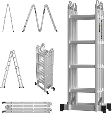 15.4FT Aluminum Telescoping Ladder, Max Load 150kg/330lb, 4.7M Heavy Duty Portable Extension Folding Ladder with Anti Slip Pad and Tool Tray, Easy to Extend or Retract (Silver)