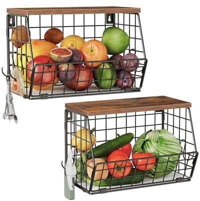 CHOEZON 2 Pack Fruit Basket for Kitchen, Stackable Wire Baskets with Wooden Lid, Hanging Basket with Banana Hanger, Kitchen Countertop Rack, for Fruit, Vegetable, Rustic Brown and Black DTCW02P2BF