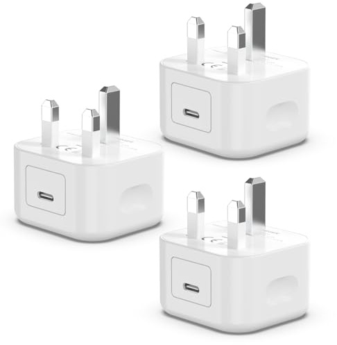 USB C Plug 3Pack Power Adapter UK Wall Charger 20W USB C Fast Charger Plug | iPhone Charger for iPhone 17 16 15 14 13 12 11 Pro/Pro Max/Plus/Mini/Air, USB C Fast Plug for Samsung Galaxy S24/S23/S22/S21
