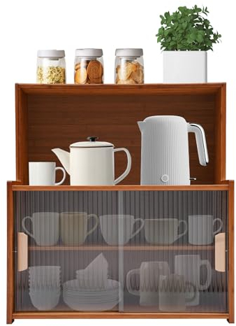 NIGORIY Armario de cocina de 4 niveles, estante de cocina con puerta de cristal, asas ergonómicas, estantes de almacenamiento para botes de especias, utensilios de cocina, tazas, 55 x 28 x 61 cm,