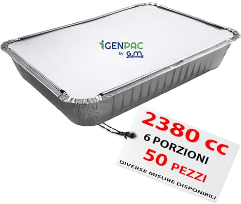 GM – 50 Contenitori Alluminio 6 Porzioni 2380 cc con 50 Coperchi Alluminizzati, Vaschette Extra Capienti Ideali per Forno, Congelamento, Gastronomia, Catering e Asporto Professionale