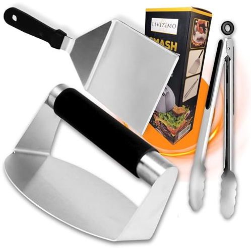 Burger Set Edelstahl mit Burgerpresse, Grillzange und Grillspachtel – Smash Burgerpresse, Burger Smasher für Plancha und Gasgrill, einfache und intuitive Handhabung für Grillfans.