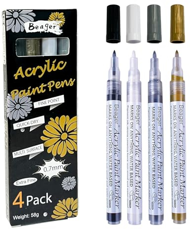 Beager Schwarz Weiß Gold Silber Acrylstifte, 0,7mm Permanent Marker Stifte Wasserfest Lackstift Acrylfarben Stifte Steine Bemalen Stifte für Holz Leinwand Keramik Metall Papier Glas Kunststoff 4Pcs