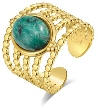 Joo&Rind Anello Regolabile Donna Oro 18K in Acciaio Inossidabile Anello con Pietra Anelli Largo Vintage Gioielli Regalo Compleanno Festa della Mamma