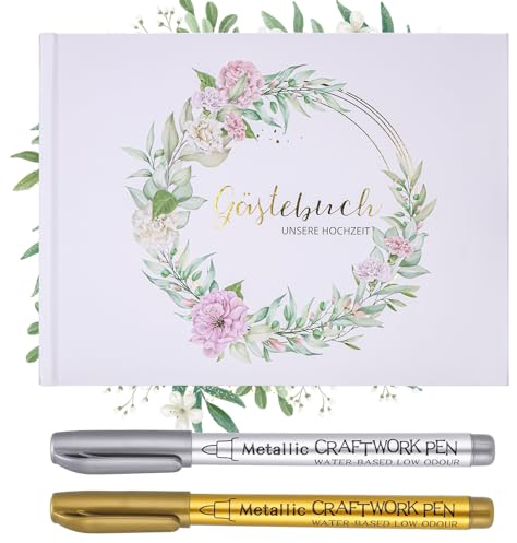 Kssvzz Gästebuch Hochzeit mit Gold und Silber Stifte, 120 Seiten Hochzeitsgästebuch zum Ausfüllen und Fotos Einkleben, Hardcover Hochzeitsbuch Gästebuch 24x18 cm