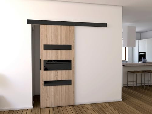 MINIO go for it - Schiebetüren 76 cm, Schiebetür Zimmertür PRIM D, Schiebetürsystem für Zimmer, Dekorative Elemente, Wandmontage, Türe Innen - Schwarz/Schwarzer Griff, Sonoma Eiche/Schwarz