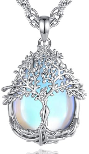 AEONSLOVE Collier Arbre de Vie avec Pierre de Lune Pendentif Arbre de Vie Femme Pendentif en Cristal Collier Pierre de Lune Bijoux Cristaux de Guérison Naturels Cadeau Fete des Meres