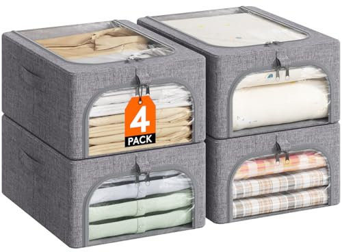 Lifewit 4 Pezzi Scatole per Armadio Rigide con Struttura in Metallo, Organizer Armadio con Finestra Trasparente, Pieghevole, Contenitori per Armadio Impilabili per Vestiti, Trapunte, Piumone, 25L