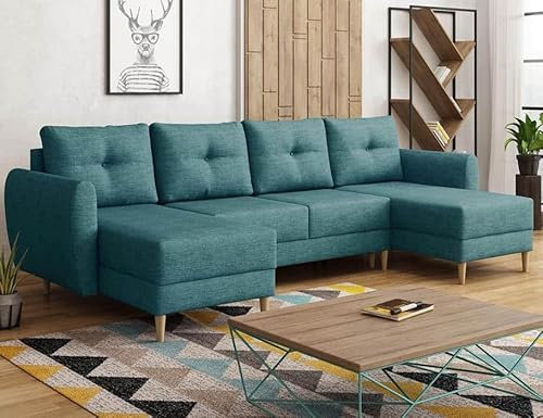 Easy4You Türkis Ecksofa Manstad in U-Form 305x95x145 cm mit Schlaffunktion und Bettzeugbehälter - Schlafsofa mit Bettkasten und Holzfüße - Eckcouch mit Stauraum - Stoff: Lux 30