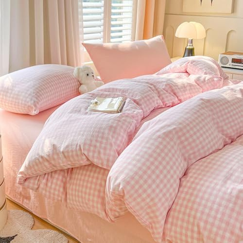 Bettwäsche 135x200 Rosa Weiß Kariert Mädchen Bettbezug Kissenbezug 80x80 cm | Landhausstil Style,Bettwäsche-Sets,ÖKO-TEX,Karo,Gingham,Geometrische,Gewaschene Mikrofaser,Einzelbett,Reißverschluss,2teilig