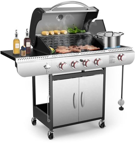Electactic G41 Gas Grill,4-Burner Gas BBQ Grill with Side Burner, Porcelain-Enameled Grills, 42,000 BTU Stainless Steel Propane Grill for Outdoor Cooking and Patio Barbecues