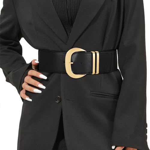 JASGOOD Ceinture Élastique Large pour Femme Ceinture Large Vintage Tendance Extensible Ceinture Élastique à Boucle Dorée Ceinture Réglable pour Robes,Noir,110cm