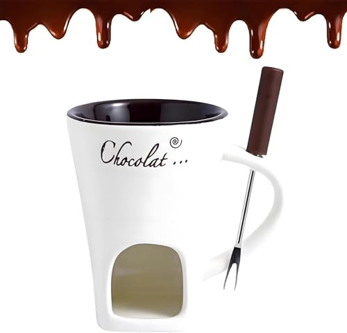 Schokofondue - Temperiergerät für Schokolade Kuvertüre, Schokofondue Tasse mit Gabeln Schokofondue-Tasse, Schokoladenfondue Schoko Fondue Tasse, Schoko Fondue Teelichthalter (White)