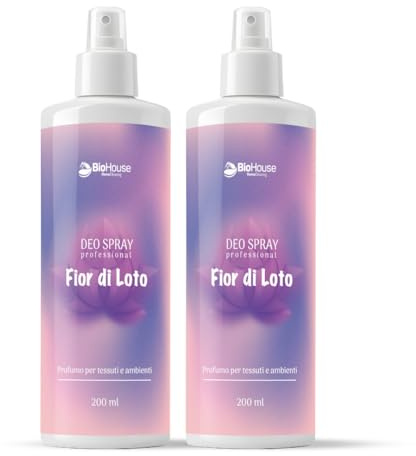 Spray Profumatore Per Ambienti e Tessuti 2x200ml Deodorante Intenso Rinfresca i Capi ed Elimina i Cattivi Odori Non Macchia e Non Lascia Aloni (Fiori di Loto)