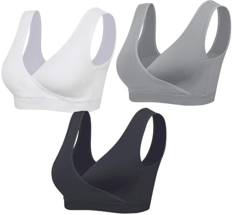 Lemef Nursing Sleep Bras Wirefree Maternity Breastfeeding Bras 3 Pack No Padding Grey,White,Black Size L