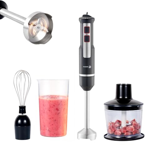 Batidora de Mano 1000W 3 en 1 con Picadora, Varilla y Vaso 600ml, Minipimer Potente de Acero Inoxidable, Velocidad Regulable + Turbo, para Cremas, Batidos y Salsas, FAGOR Divamix Innox