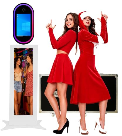 WideMeet 13,3 Zoll DSLR Spiegel Photo Booth Maschine mit LCD-Touchscreen, RGB-Licht, APP-Steuerung, tragbare Photobooth Flugkoffer Verpackung für Hochzeiten, Partys, Veranstaltungen (weiße Fotokabine)