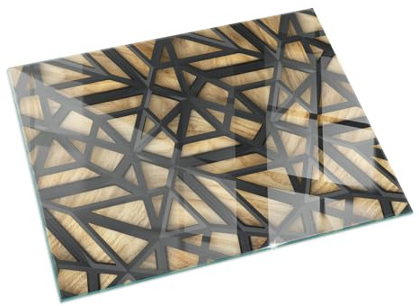 Kamin Bodenplatte Glas 60x40 cm Herdboden Glas Fleckenbeständigkeit Sicherungsblech Polierte Kanten Thermischer Schutz Bodenbelag Wohnzimmer Wasserdicht - Geometrie mit Holz