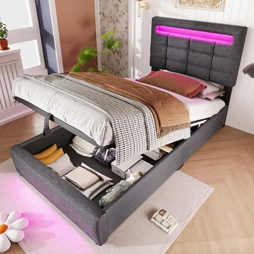 Gxffipw Einzelbett Polsterbett 90x200 cm mit LED Licht und USB Buchse, Hydraulische Bett mit Stauraum und Kopfteil, Kinderbett Bettgestell mit Lattenrost, Leinen, Grau, Ohne Matratze