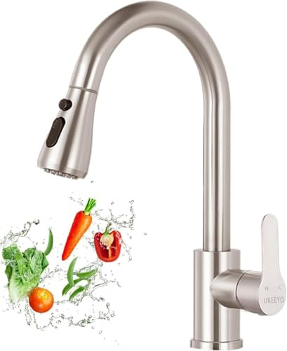 Wasserhahn Küche, Hochdruck Küchenarmatur mit Herausziehbarer Brause Ausziehbar Armatur, Mischbatterie Küche Spültischarmatur Brause 3 Modus (Gebürsteter Edelstahl)
