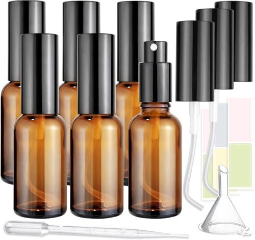6-pack 30 ml/10 oz bärnstensglas sprayflaskor för fin dimma | med 2 extra munstycken, påfyllningsbara eteriska oljor och tonerset, miljövänliga hem- och hudvårdslösningar
