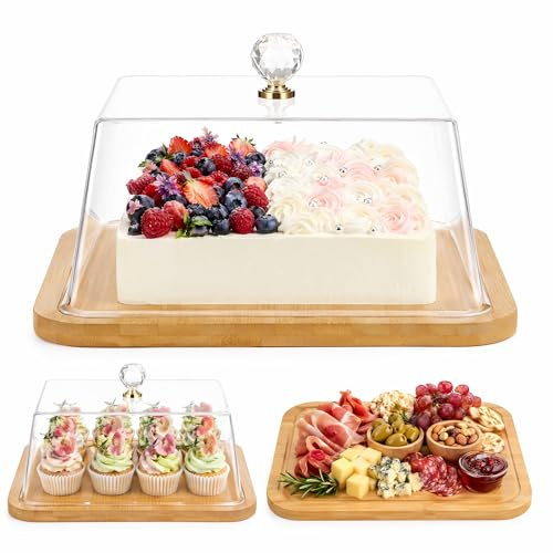 iplusmile Acrylic Cake Stand with Lid, 10 Inch Wooden Cake Plate with Clear Square Dome Versatile Cheese Board and Pastry Display for Kitchen Birthday Picnic Party Wedding