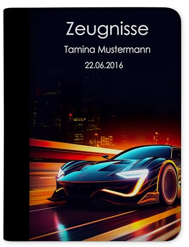 CreaDesign Zeugnismappe A4 mit Namen personalisiert – Auto dark – für Jungen – Dokumentenmappe Schule ohne Klarsichthüllen