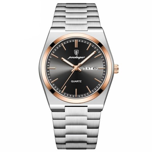 Poedagar Orologio da polso da uomo, al quarzo, impermeabile, luminoso, con data, settimana, alla moda, business, classico, in acciaio inox, orologio da uomo (Rose Gold Black)