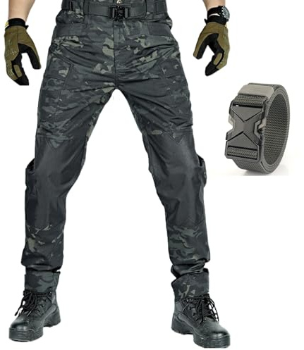 Pantalon Tactique Homme Apexcargo, Multi Poches Pantalon De Moto Homme, Pants De Protection Pour Vélo(Ceinture Comprise), Adapté à La Randonnée, à La Chasse Et Au Travail (1PC-Camouflage noir,XL)