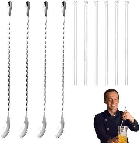 10 PCS Drink Stirrers with 4 Pcs 12 Inch Stainless Bar Spoon and 6 Pcs Cocktail Stirrers Elegant Spiral Pattern Mixing Spoons for Bar & Home Perfect for Mixing Drinks Milk Honey