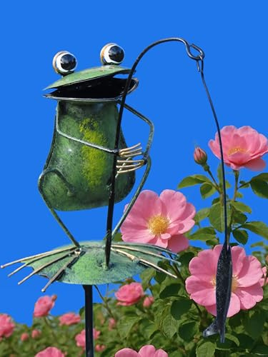 Pommerntraum ®| Regenmesser Gartendekoration Gartenstecker Frosch Tierfigur | Niederschlagsmesser Pluviometer Ombrometer Regenzähler Regenfänger Gartenaccessoires Frösche Froschfigur (Frosch beim Angeln)