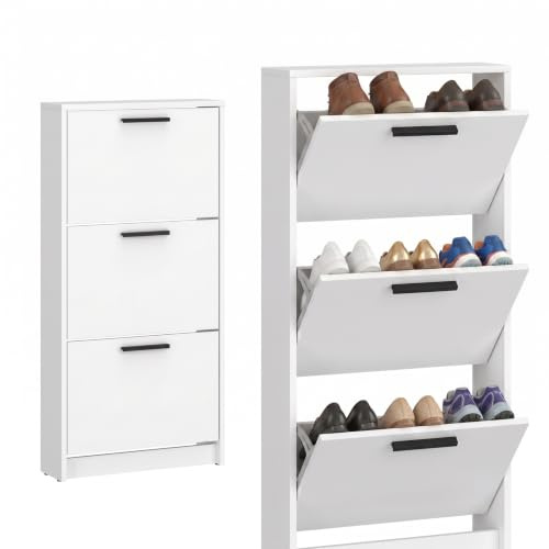 Step Up Schuhschrank Schuhkipper Schmal 5 Klappfächer Tiefe 18 cm für Flur | Weiß Schlankes Schuhregal für den Flur, geräumige Fächer für Ordnung, platzsparende Kippfunktion, versteckte Aufbewahrung