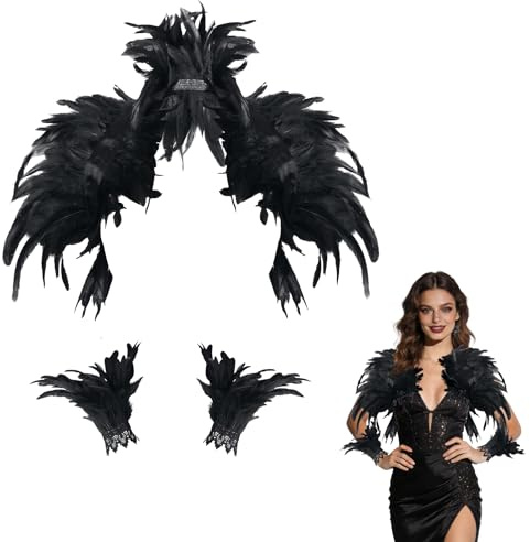 Huanmin Achselzucken mit Manschetten, Federumhang-Schal, Halloween Cape, Damen Gothic Federumhang für Halloween, Karneval, Ballauftritt