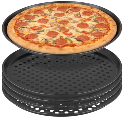 KEILEOHO Uppsättning om 5 pizzaplåt rund 32 cm, mörkgrå kolstål bakplåt med hål, perforerad pizzapanna för pizza och flampaka