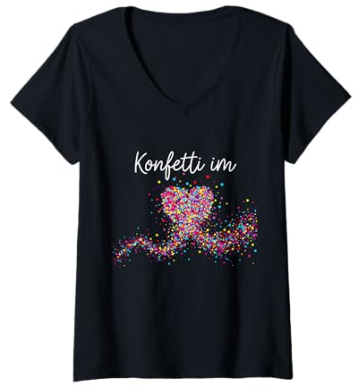 Damen Konfetti im Herzen Karneval Fasching T-Shirt mit V-Ausschnitt