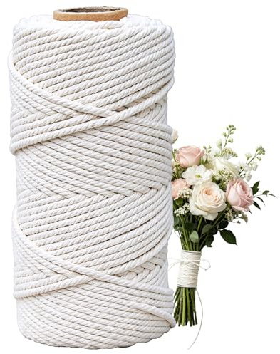 Makramee Garn 3mm – 200m Baumwollkordel am Stück ohne Knoten – 100% Reine Baumwolle für Wandbehang, Blumenampel & DIY Basteln – Weiches Baumwollseil für Boho Deko, Naturweiß (beige, 3mmx200m)