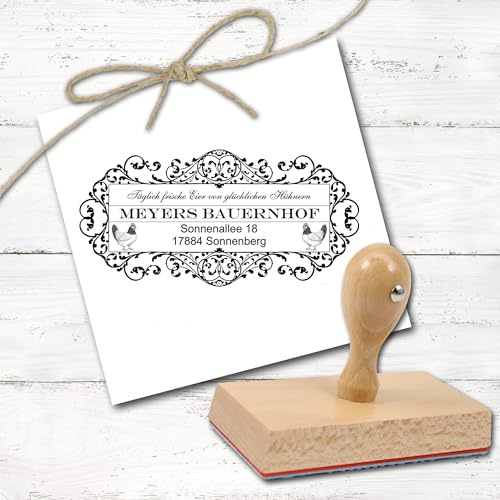 Dekolando Personalised Egg Carton Stamp Vintage with Name & Address - Eggs of Happy Chickens - Egg Packaging Stamp for Farm Shop - Imprint 100 x 50 mm