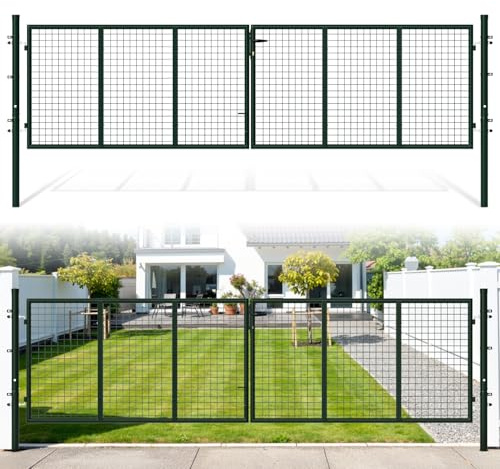 Fogmiea Gartentor, 350x100cm Gartentür aus verzinkter Stahl, Gartenzaun Zauntür mit Schloss, Griff und 3 Schlüsseln, Doppeltor, für Garten Tor Gartenpforte Hoftor, Grün