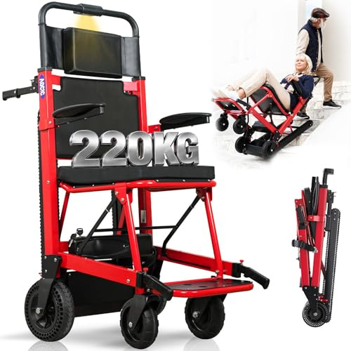 VOCIC Elektrischer Treppensteiger Rollstuhl Faltbar 220KG Lange Gummikette | AY04, 3 in 1 Elektrische Treppenhilfe Rollstühle, Treppenlift mit LED Licht für Behinderte Senioren, Rot
