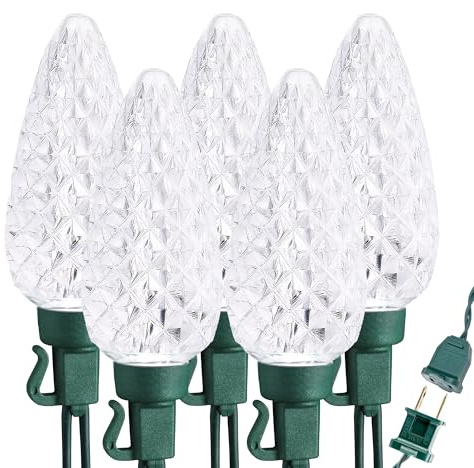 Brizled C9 Christmas Lights Cool White 16FT 25 LED 120V UL Certified Faceted Outdoor Christmas String Lights Connectable Xmas Tree Light for Tree, Holiday, House, Roof Decor