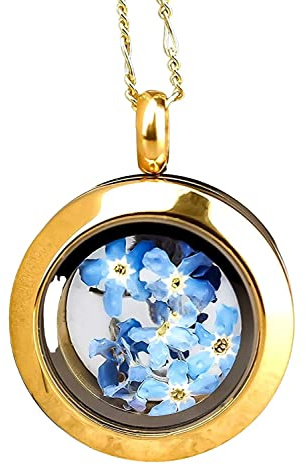 MadamLili 925 Sterling Silber Medaillonkette für Frauen, Gold Vergoldet | Echte Vergissmeinnicht-Blüten aus Berlin, Handgefertigt, Erinnerungsstück, Symbol für Liebe & Treue