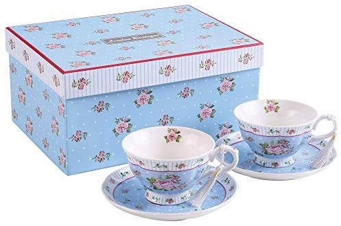 Kaffeetassen und Untertassen, Set mit 2 Vintage-Blumen, Blumen, Rosen, Lavendel, Geschenkbox (blaues Set 2)