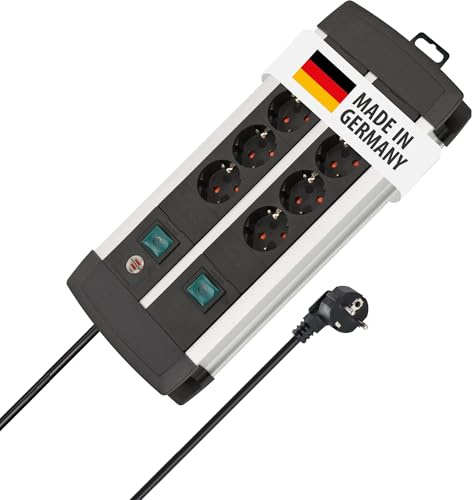 Brennenstuhl Premium-ALU-Line regleta enchufes con 8 Tomas y Interruptor Individual (Cable de 3 m, 2X Interruptor Iluminado, Fabricado en Alemania)