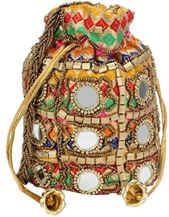 Traditional Satin Potli Bag with Round Mirror for Women & Girls (Multicolor)