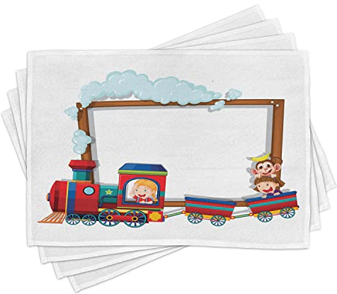 ABAKUHAUS Kinder Platzmatten, Frohe Kinder, die auf einen Karikatur-Zug mit einem lustigen AFFE-Kleinkind-Kindertuch-Thema Reisen, Waschbarer und Farbfester Stoff für Esszimmer und Küche, Mehrfarbig