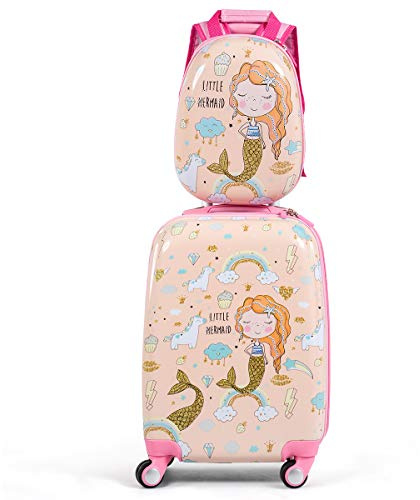 COSTWAY Kids Luggage Set, 2Pcs Backpack & Suitcase with Wheels and Height Adjustable Handle, Hard Shell Travel School Trolley Case for Boys Girls (Pink, 12+18 Mermaid)