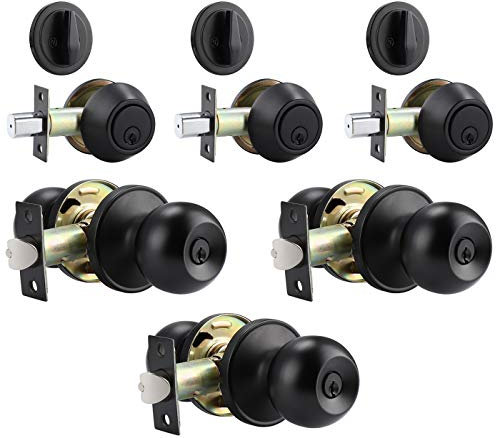Keyed Entry Door Knobs and Single Cylinder Deadbolt Combination Set, Matte Black Keyed Alike, Door Locksets Security for Front/Exterior Door, Set of 3