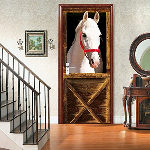A.Monamour Türtapete Selbstklebend Türfolie Türposter 3D Weißes Pferd Das Über Das Scheunentor Im Stall Schaut Vinyl Folie Türdeko Tapete Wandbild Türaufkleber Türtattoo 90 x 200 cm