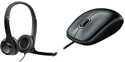 Logitech H390 Cuffie Cablate, Cuffia Stereo Con Microfono Regolabile Con Cancellazione Del ‎‎Rumore, Usb & B100 Mouse Usb Cablato, 3 Pulsanti, Rilevamento Ottico